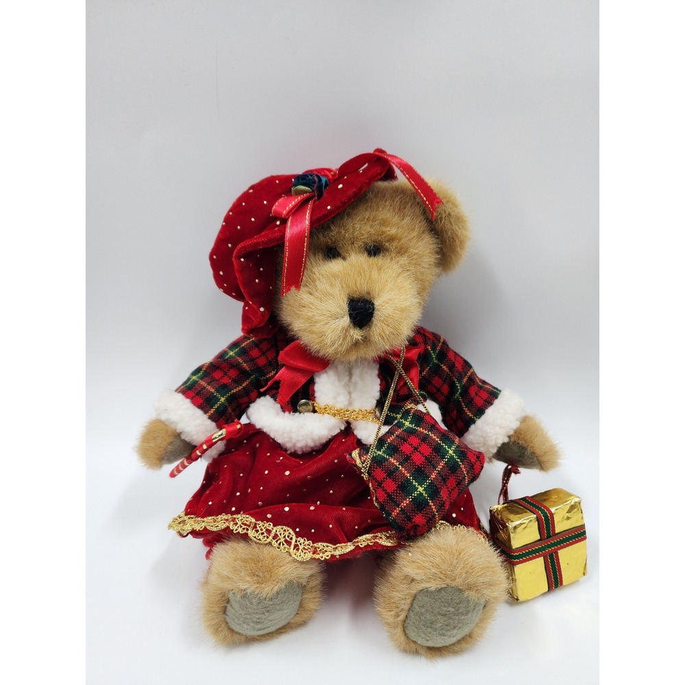Vintage Christmas Teddy Bear Plush Red Velvet Plaid Dress Hat Holiday Decor